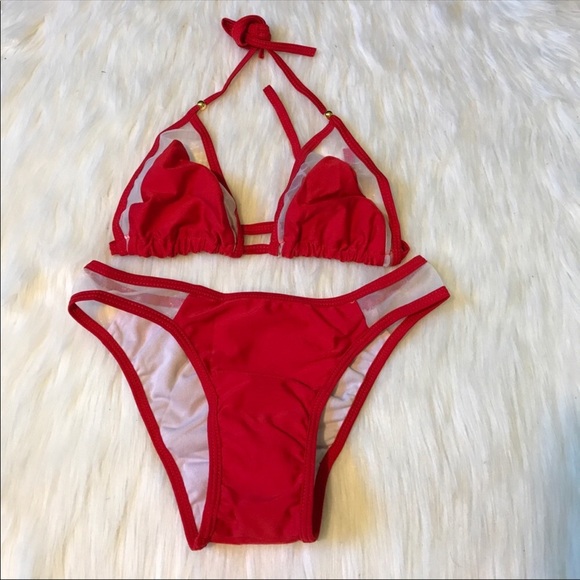 Red Minimal Mesh Triangle Bikini - Picture 2 of 2